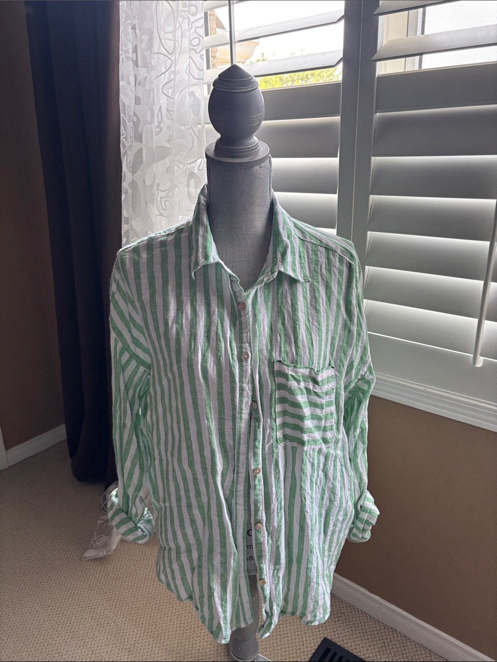 Women’s Green & White Striped Button-Down Shirt